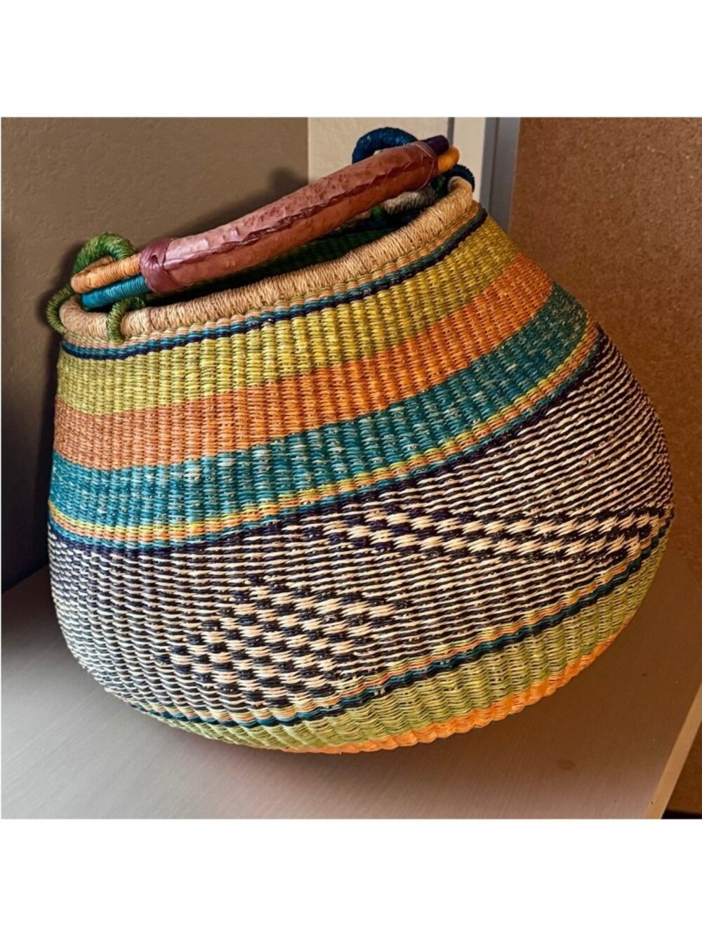 Colorful Woven Bolga Market Basket Leather Handle - Picture 4 of 10